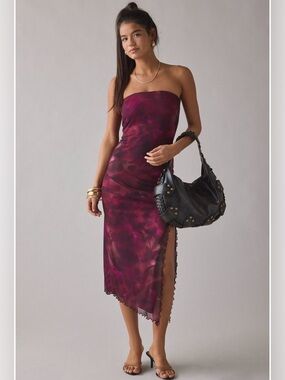 Urban Outfitters Strapless Mesh Midi Dress in Red Berry